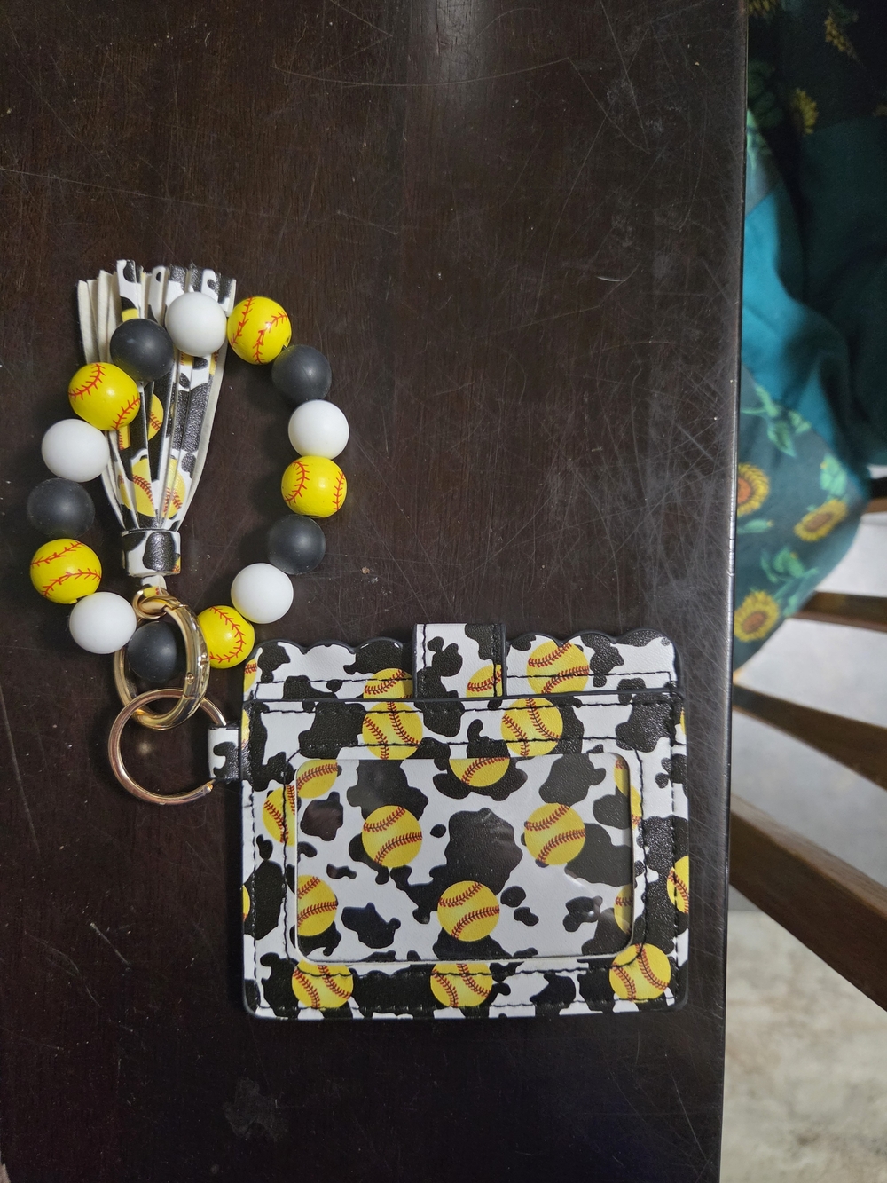 Softball Print Card Holder with Beaded Tassel Keychain - Yellow & Black